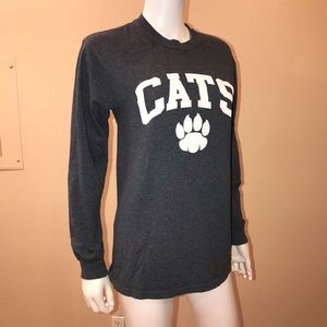 Cats Long Sleeve Graphic Tee Womens Size Small Grey Spell Out Paw Print